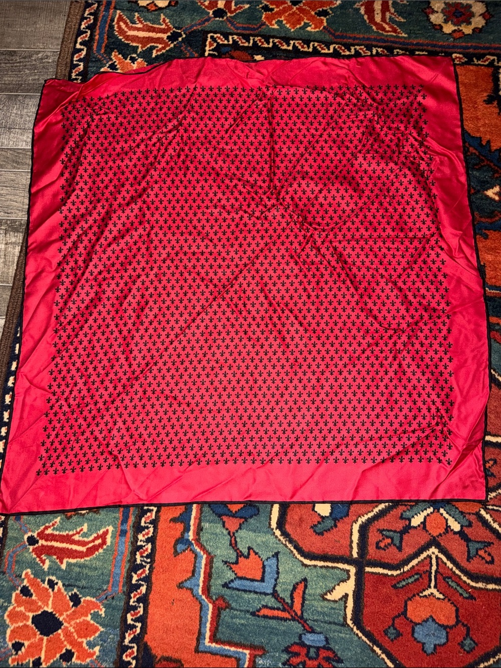 Luxury Red Silk Fleur-de-lis Motif Square Scarf 26" Hand-Rolled Edges